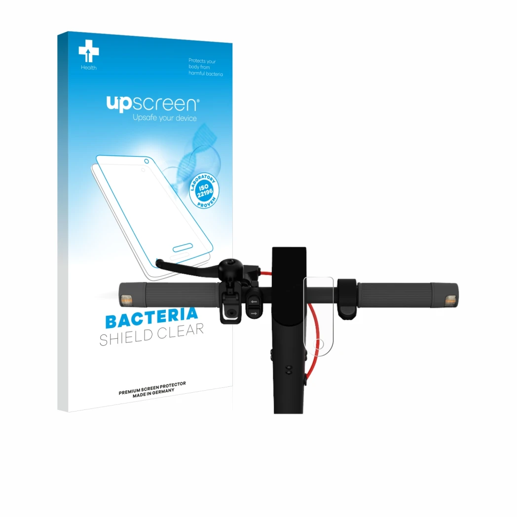 Face avant d’un emballage produit avec le logo de la marque upscreen. À côté, l’appareil Xiaomi Mi 4 Lite E-Scooter (2e Gen.) 