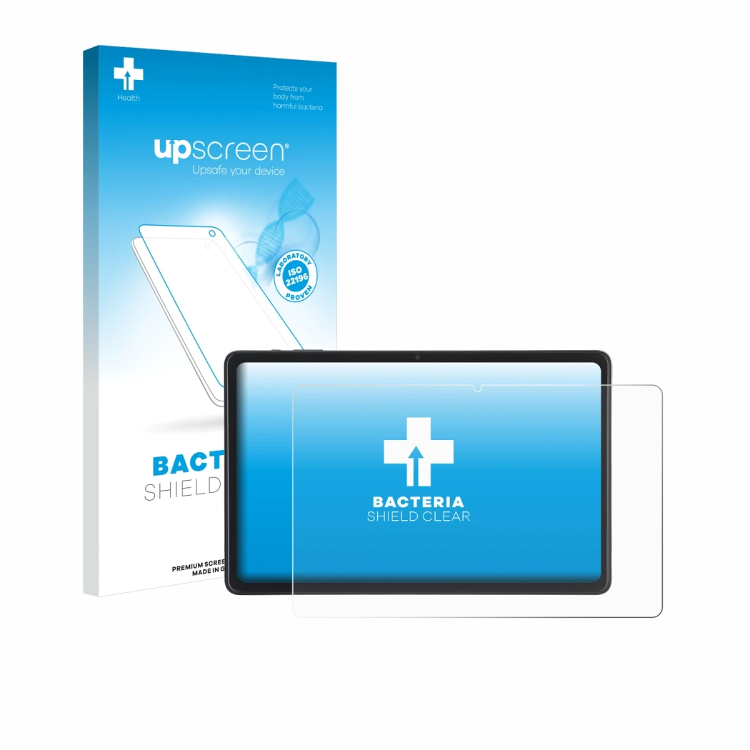 Face avant d’un emballage produit avec le logo de la marque upscreen. À côté, l’appareil Acepad A170 10.4