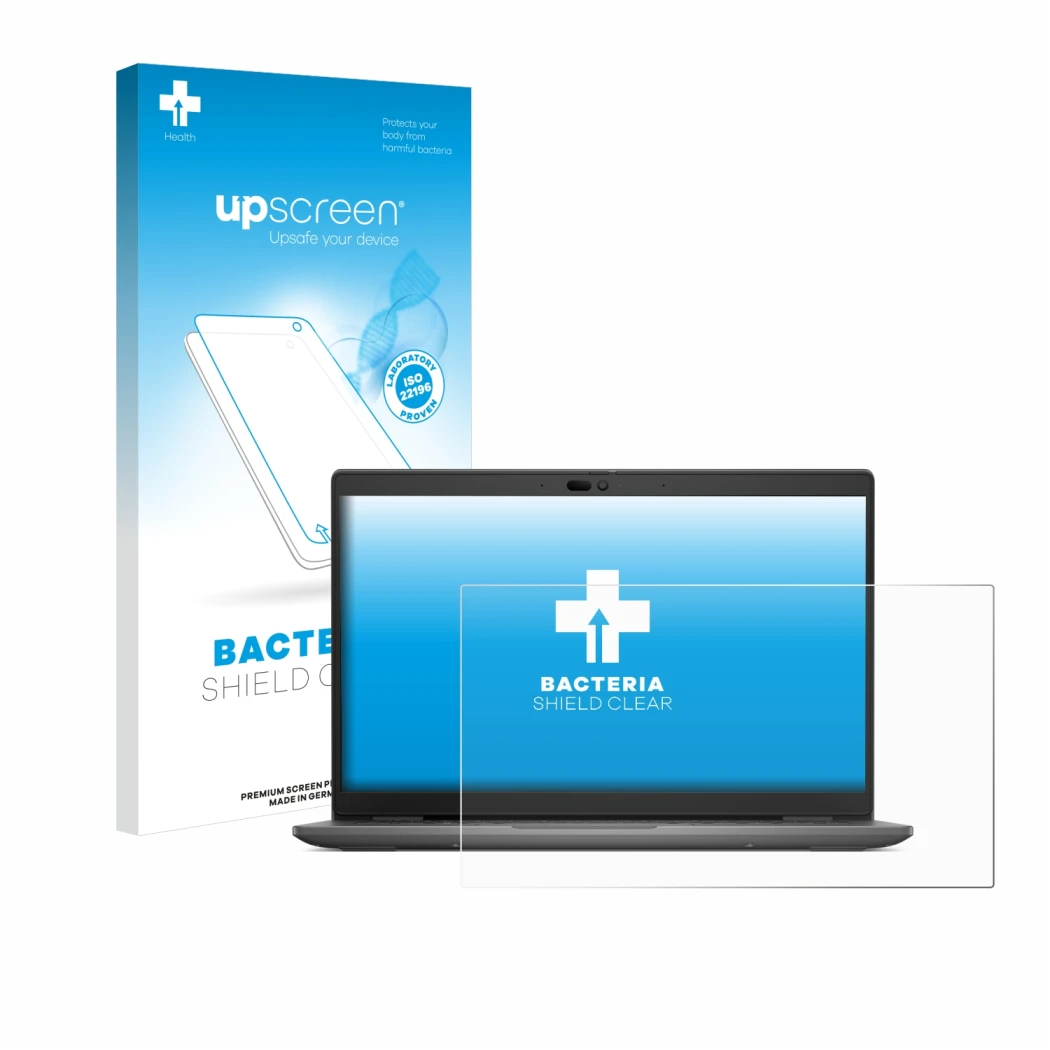 Face avant d’un emballage produit avec le logo de la marque upscreen. À côté, l’appareil Dell Latitude 3440 Laptop est représe