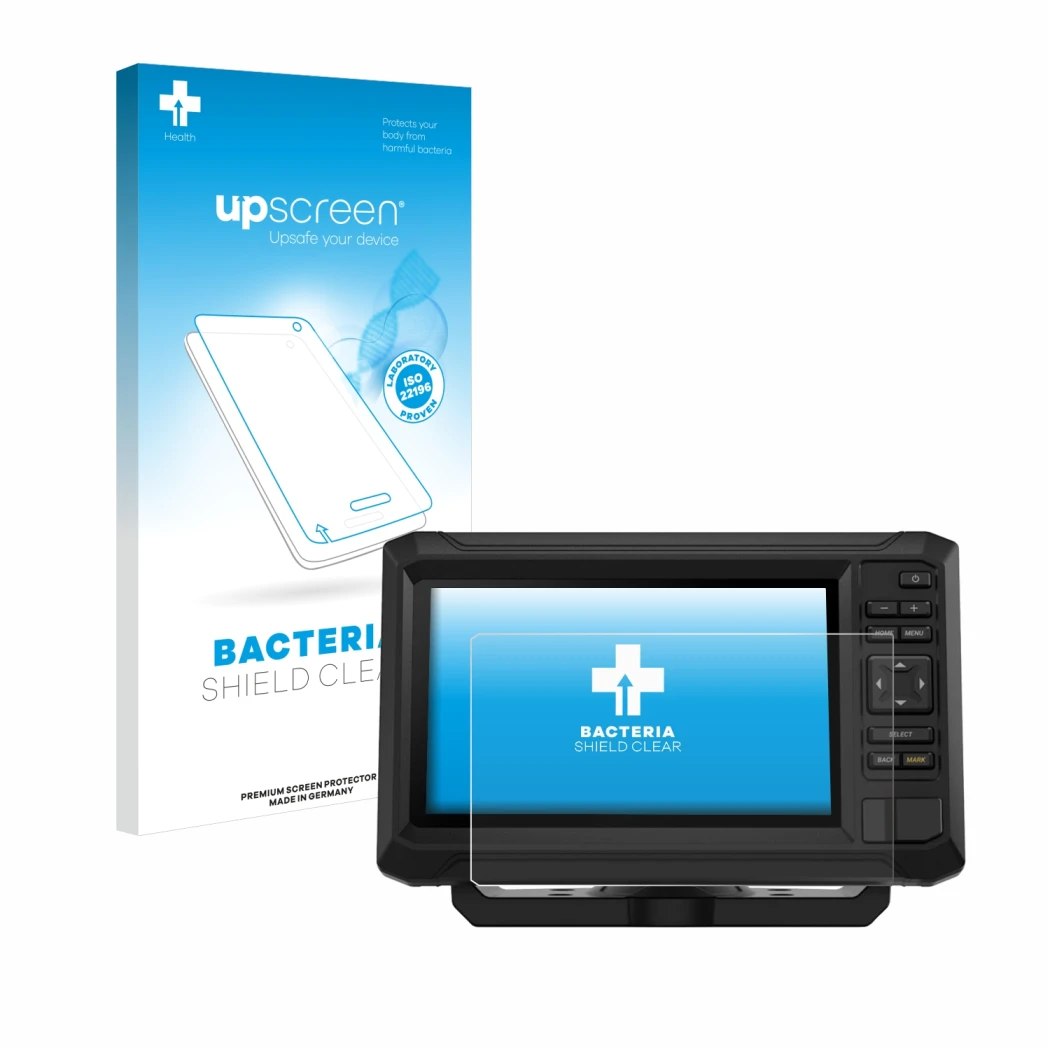 Face avant d’un emballage produit avec le logo de la marque upscreen. À côté, l’appareil Garmin ECHOMAP UHD2 7