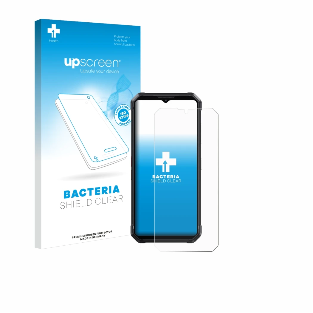 Face avant d’un emballage produit avec le logo de la marque upscreen. À côté, l’appareil Fossibot F106 Pro est représenté avec