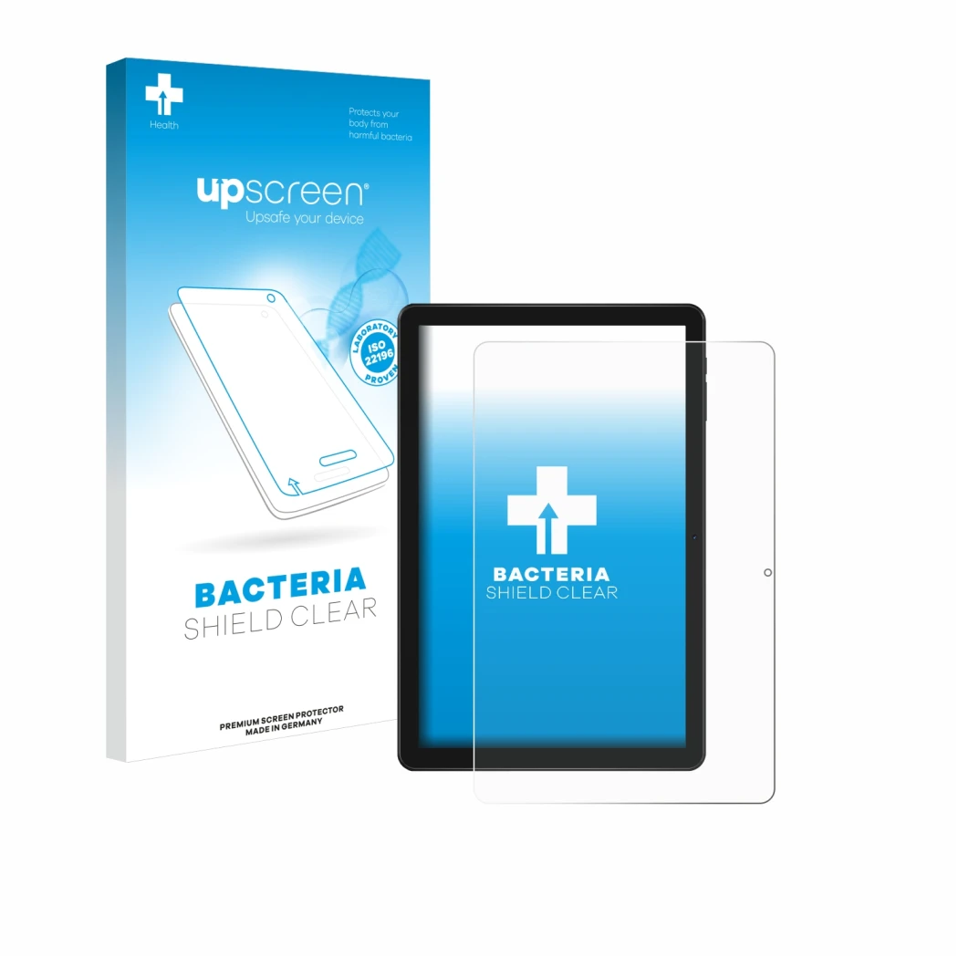 Face avant d’un emballage produit avec le logo de la marque upscreen. À côté, l’appareil Doogee T10W est représenté avec la pr