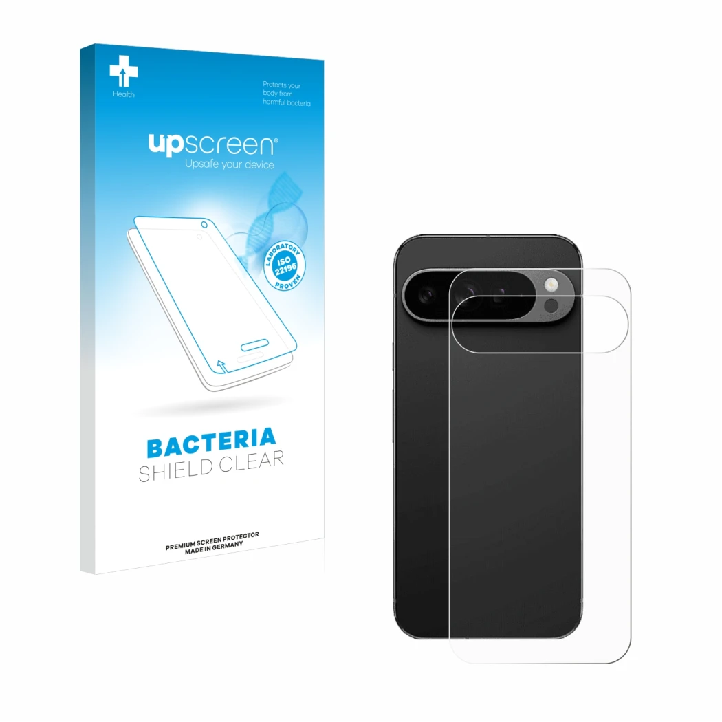 Face avant d’un emballage produit avec le logo de la marque upscreen. À côté, l’appareil Google Pixel 9 Pro XL (Arrière) est r