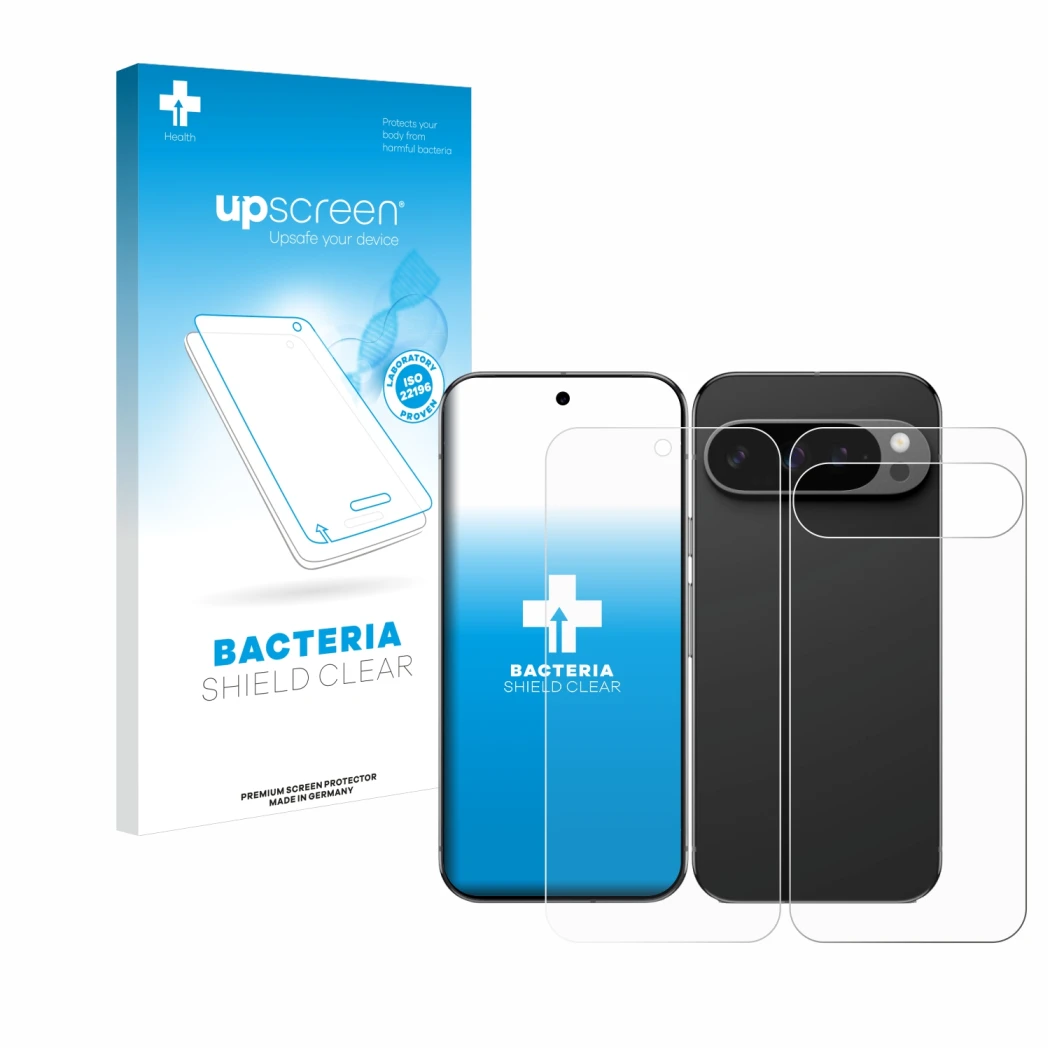 Face avant d’un emballage produit avec le logo de la marque upscreen. À côté, l’appareil Google Pixel 9 Pro XL (Avant+Arrière)