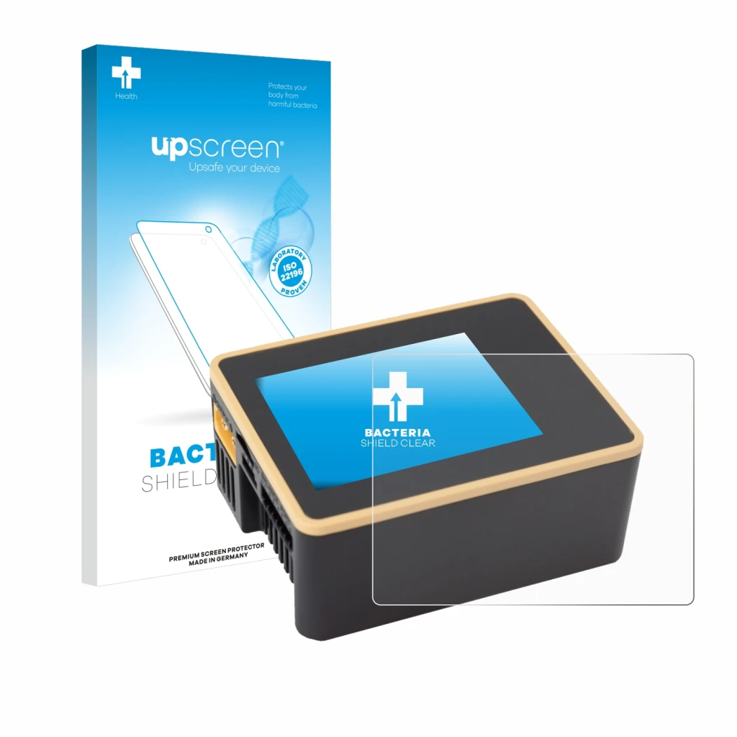 Face avant d’un emballage produit avec le logo de la marque upscreen. À côté, l’appareil Junsi iCharger X6 est représenté avec