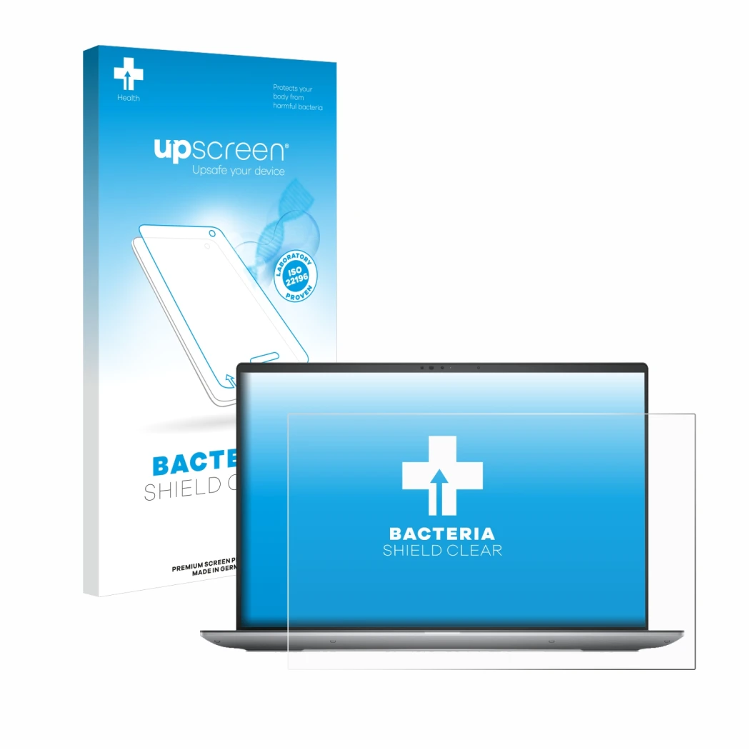 Face avant d’un emballage produit avec le logo de la marque upscreen. À côté, l’appareil Dell Precision 5690 Workstation est r