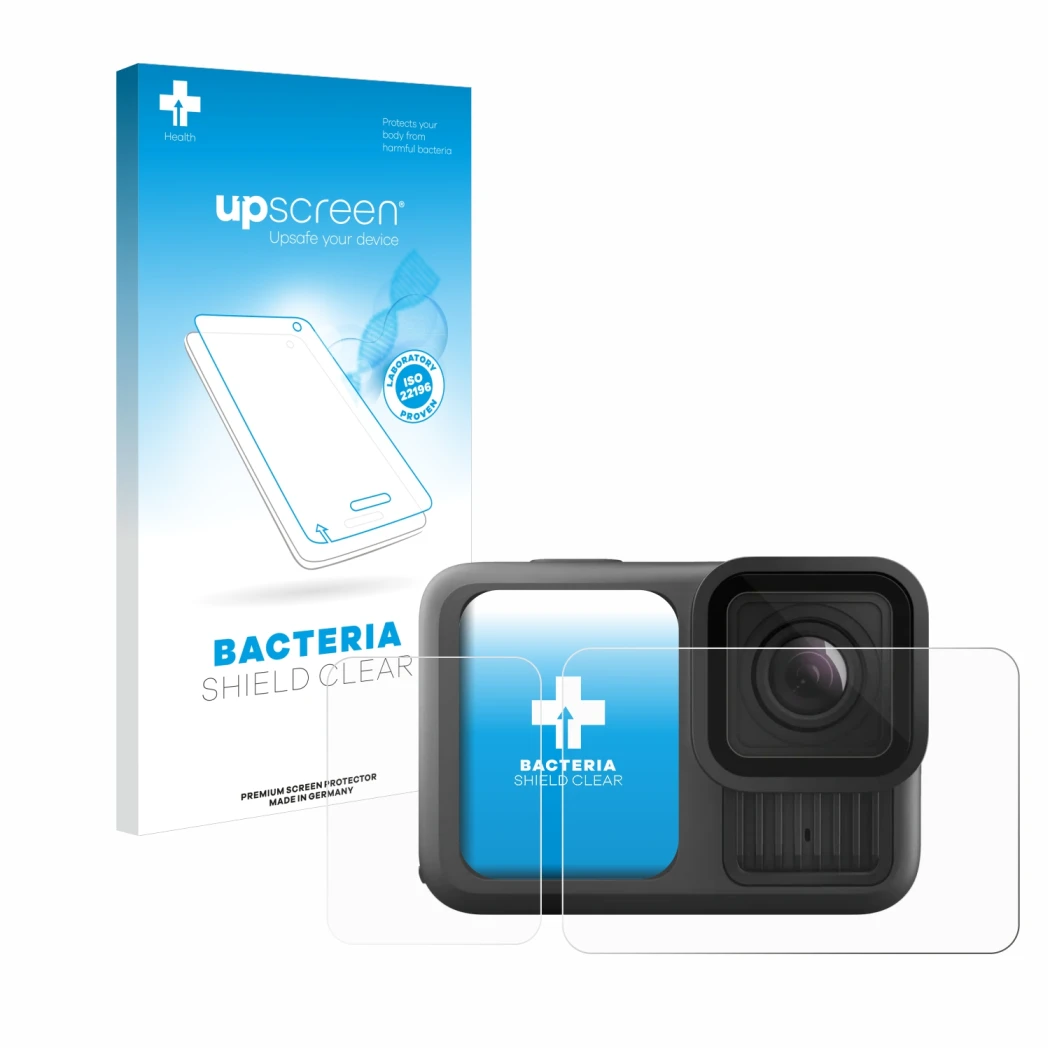 Face avant d’un emballage produit avec le logo de la marque upscreen. À côté, l’appareil GoPro Hero 13 Black est représenté av