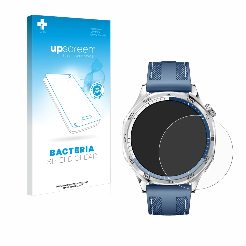 Face avant d’un emballage produit avec le logo de la marque upscreen. À côté, l’appareil Huawei Watch GT 5 (46 mm) est représe