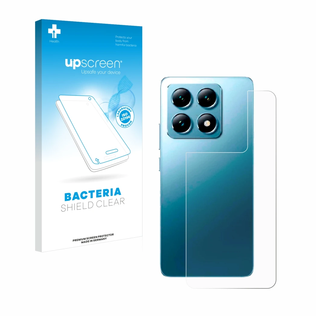 Face avant d’un emballage produit avec le logo de la marque upscreen. À côté, l’appareil Xiaomi 14T (Arrière) est représenté a