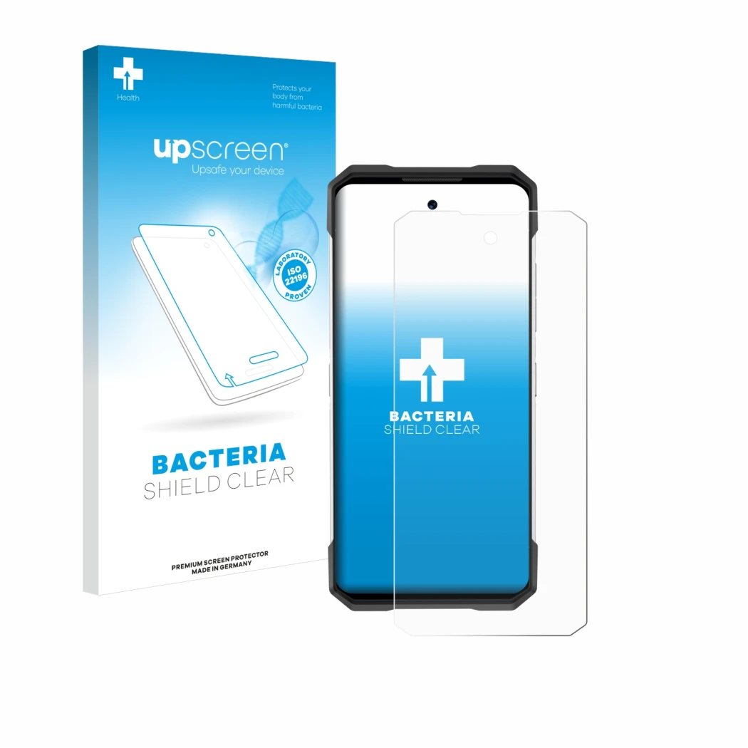 Face avant d’un emballage produit avec le logo de la marque upscreen. À côté, l’appareil Doogee S200 est représenté avec la pr
