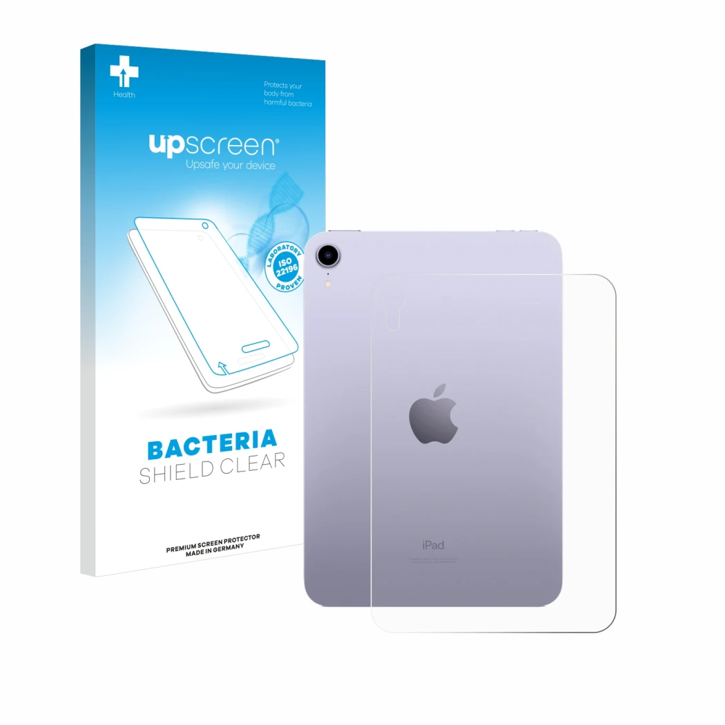 Face avant d’un emballage produit avec le logo de la marque upscreen. À côté, l’appareil Apple iPad Mini 7 WiFi 2024 (Arrière)