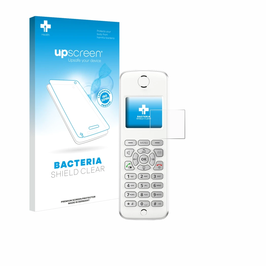 Face avant d’un emballage produit avec le logo de la marque upscreen. À côté, l’appareil AVM Fritz!Fon M2 est représenté avec 