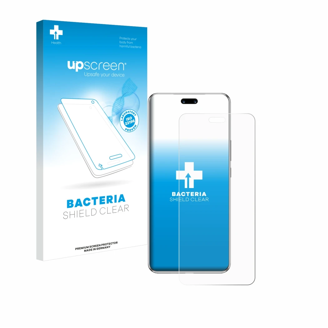 Face avant d’un emballage produit avec le logo de la marque upscreen. À côté, l’appareil Huawei Nova 13 Pro est représenté ave