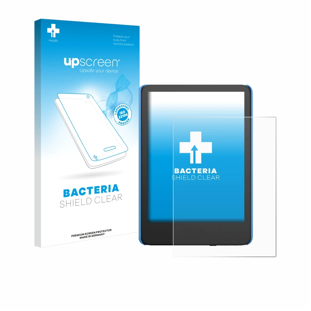 Face avant d’un emballage produit avec le logo de la marque upscreen. À côté, l’appareil Amazon Kindle Kids (2024) est représe