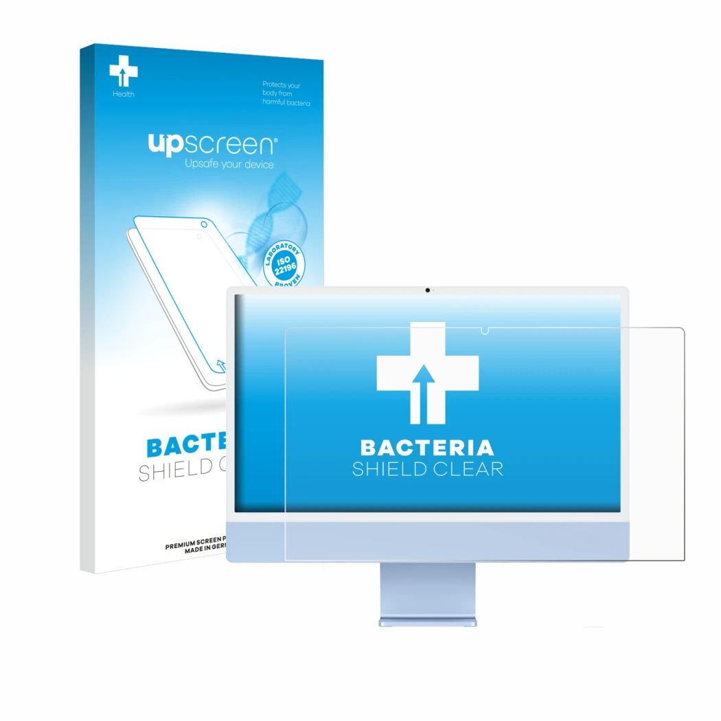 Face avant d’un emballage produit avec le logo de la marque upscreen. À côté, l’appareil Apple iMac 24