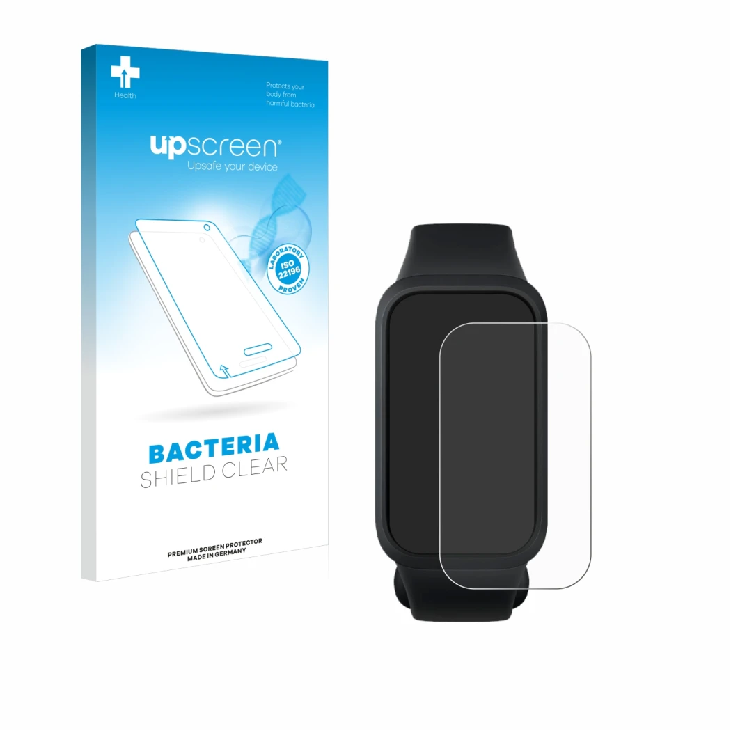 Face avant d’un emballage produit avec le logo de la marque upscreen. À côté, l’appareil Xiaomi Smart Band 9 Active est représ