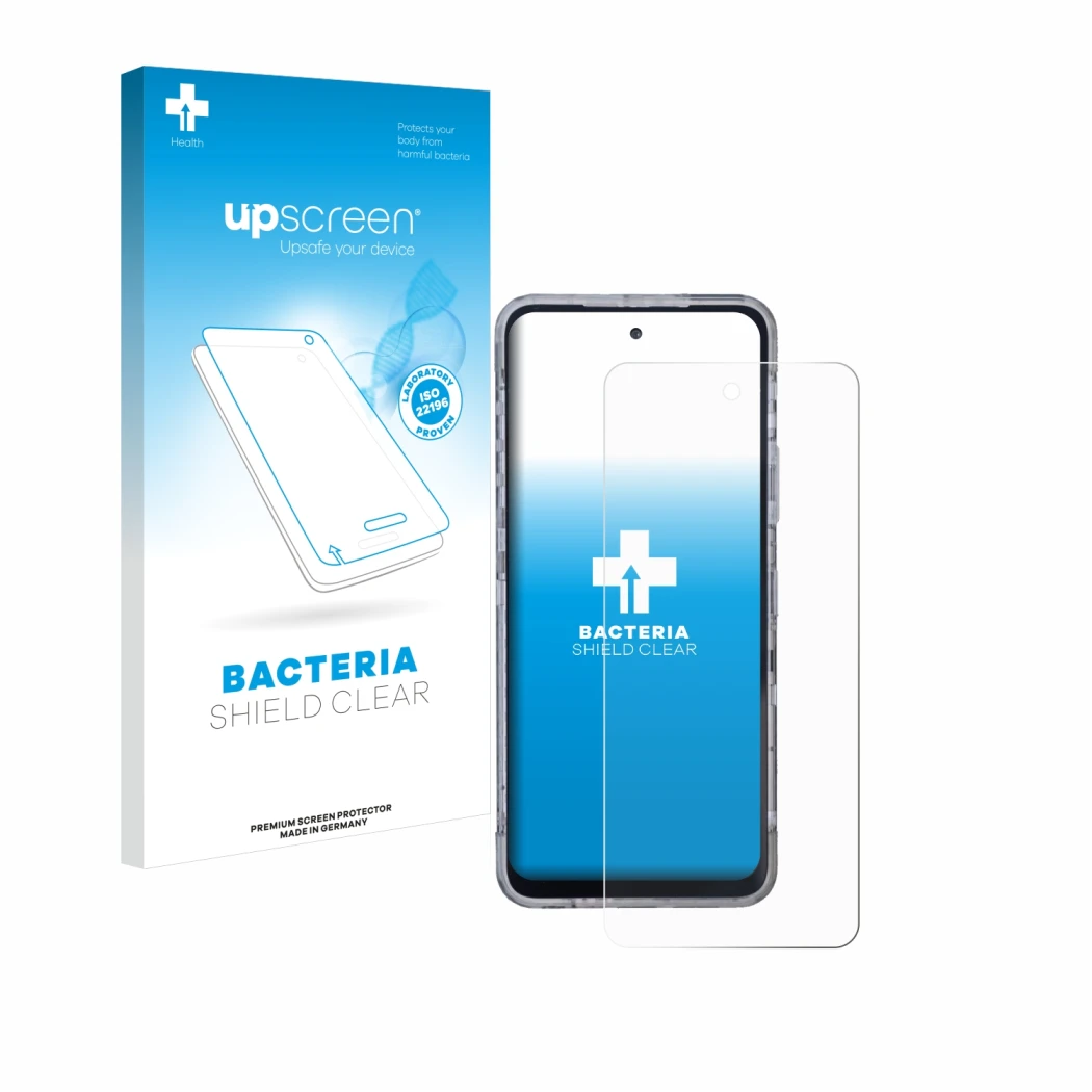 Face avant d’un emballage produit avec le logo de la marque upscreen. À côté, l’appareil AGM X6 Phantom est représenté avec la