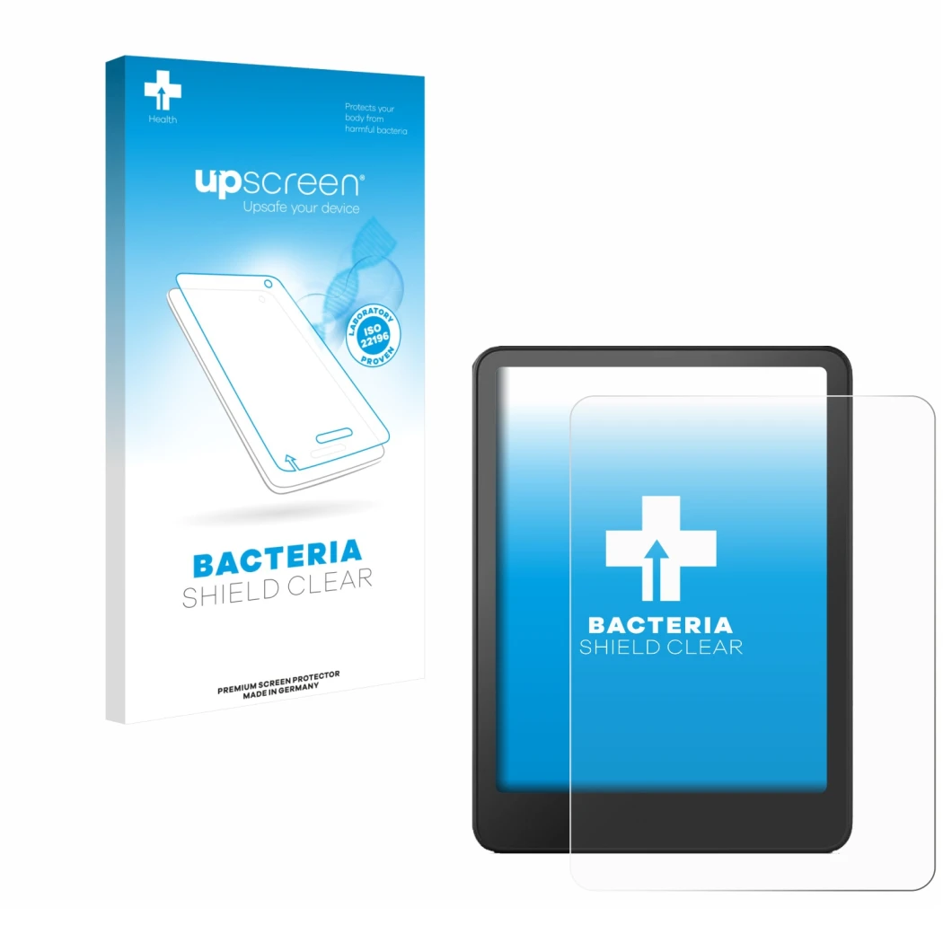 Face avant d’un emballage produit avec le logo de la marque upscreen. À côté, l’appareil Amazon Kindle Paperwhite 2024 (12. Ge