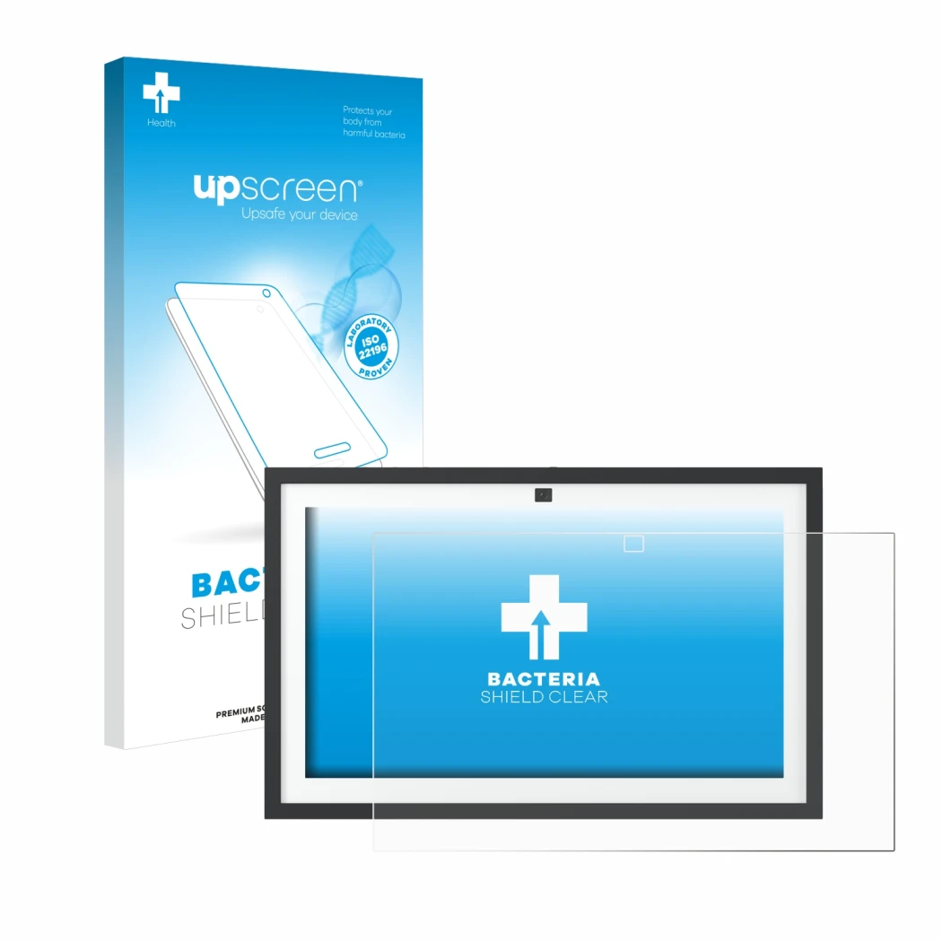 Face avant d’un emballage produit avec le logo de la marque upscreen. À côté, l’appareil Amazon Echo Show 15 2024 est représen