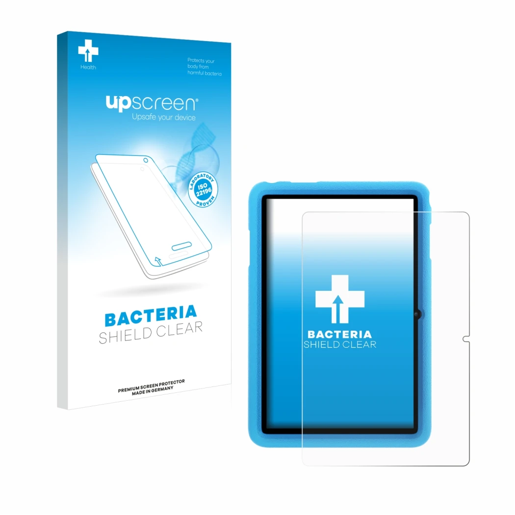 Face avant d’un emballage produit avec le logo de la marque upscreen. À côté, l’appareil Blackview Tab 8 Kids est représenté a