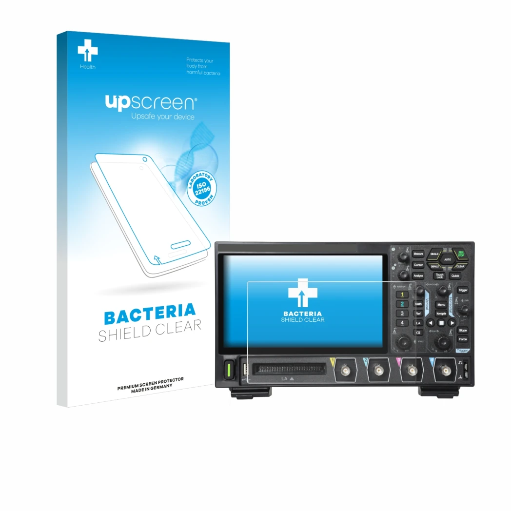 Face avant d’un emballage produit avec le logo de la marque upscreen. À côté, l’appareil Rigol DHO914 est représenté avec la p