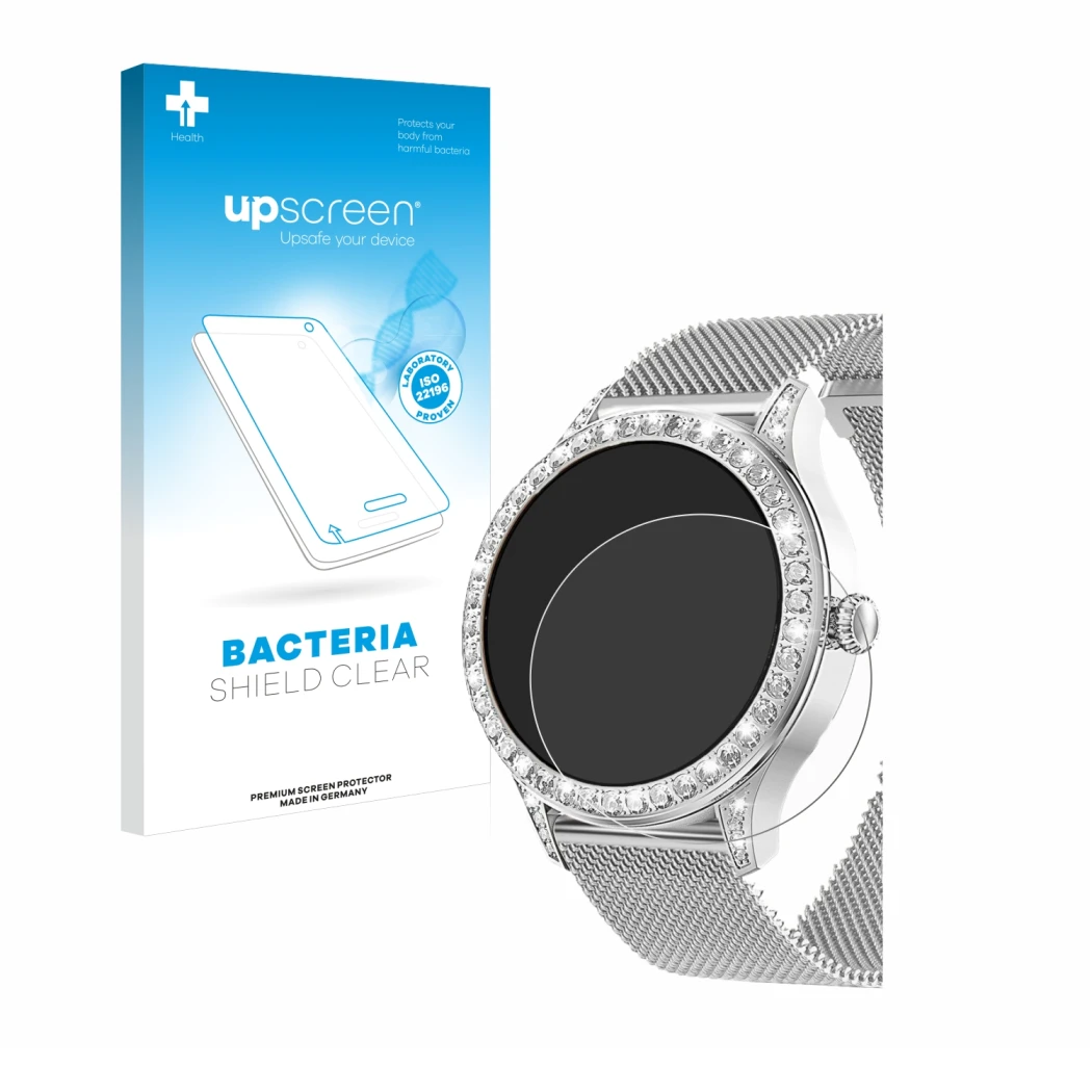 Face avant d’un emballage produit avec le logo de la marque upscreen. À côté, l’appareil Powerwill Smartwatch 1.27