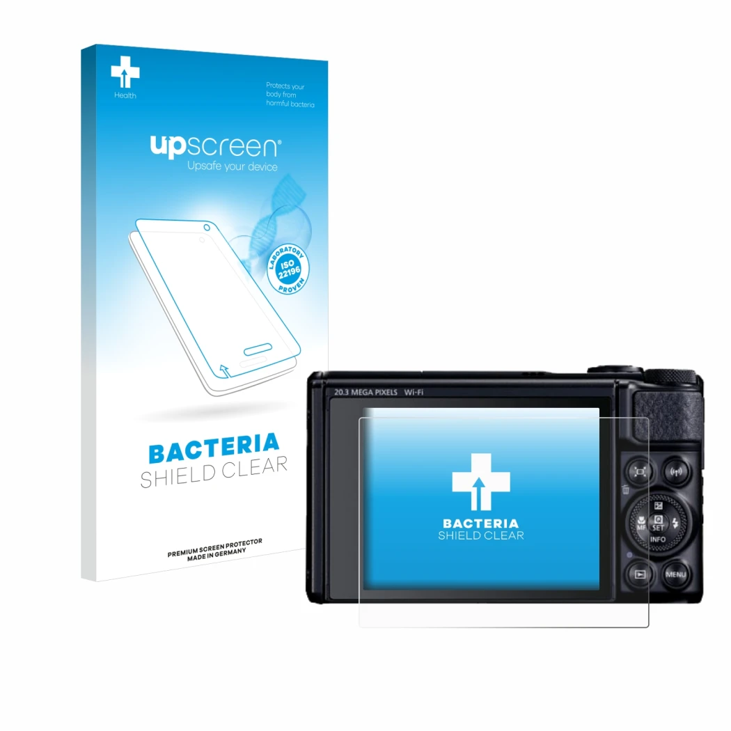 Face avant d’un emballage produit avec le logo de la marque upscreen. À côté, l’appareil Canon PowerShot SX740 HS Lite est rep