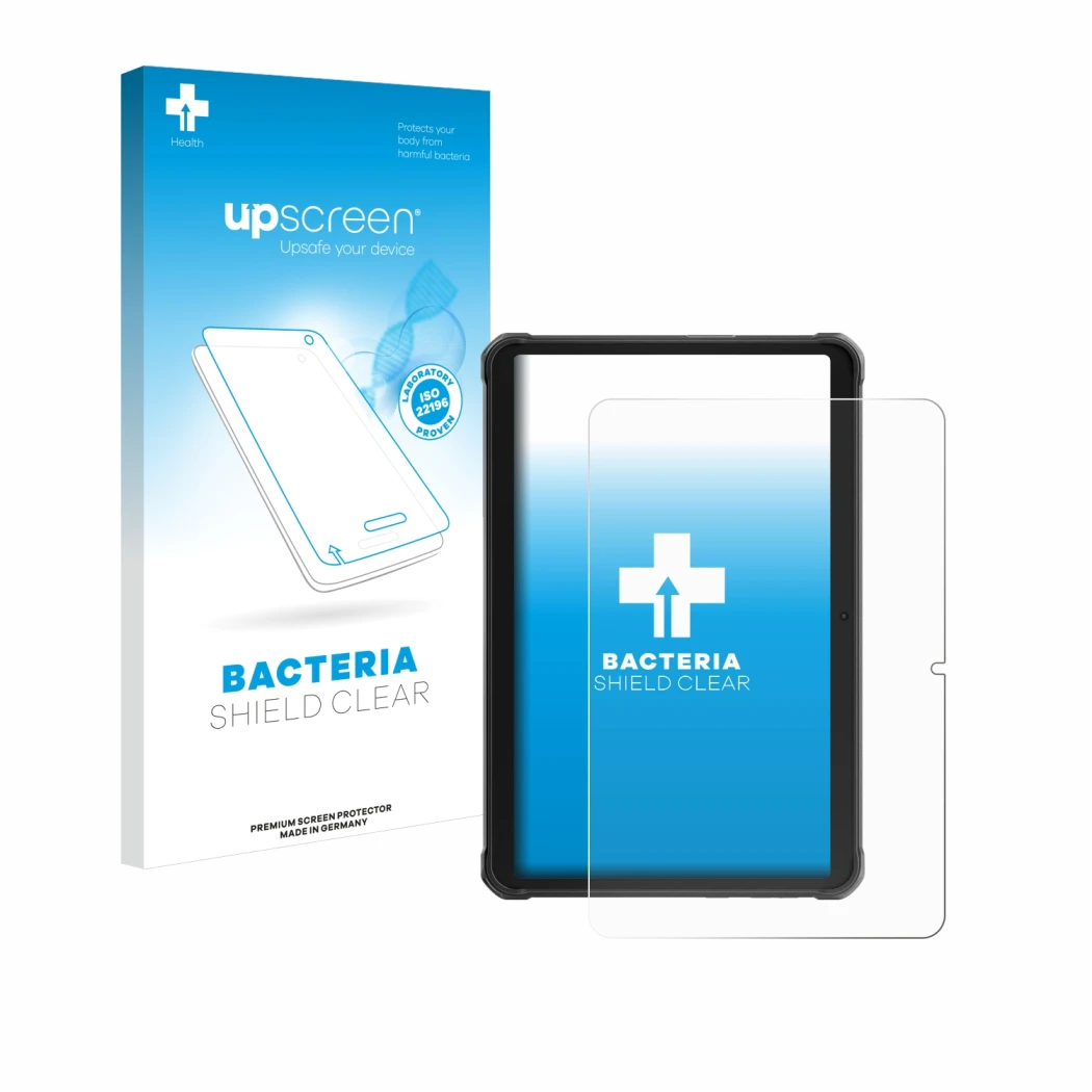 Face avant d’un emballage produit avec le logo de la marque upscreen. À côté, l’appareil Hotwav R8 est représenté avec la prot