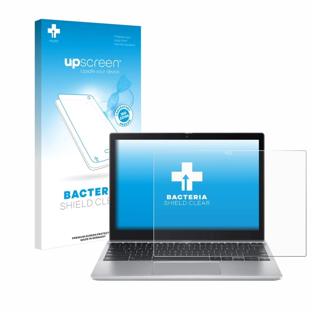 Face avant d’un emballage produit avec le logo de la marque upscreen. À côté, l’appareil Acer Chromebook Spin 312 est représen