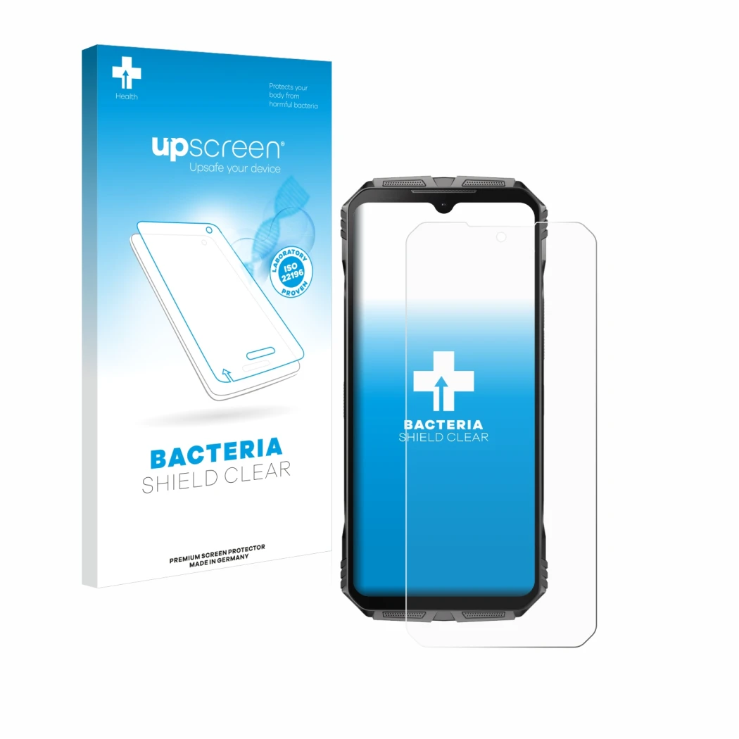 Face avant d’un emballage produit avec le logo de la marque upscreen. À côté, l’appareil Doogee S Cyber est représenté avec la