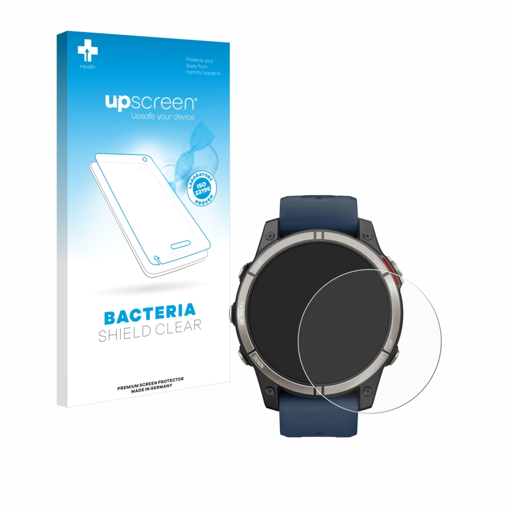 Face avant d’un emballage produit avec le logo de la marque upscreen. À côté, l’appareil Garmin quatix 7 Pro est représenté av