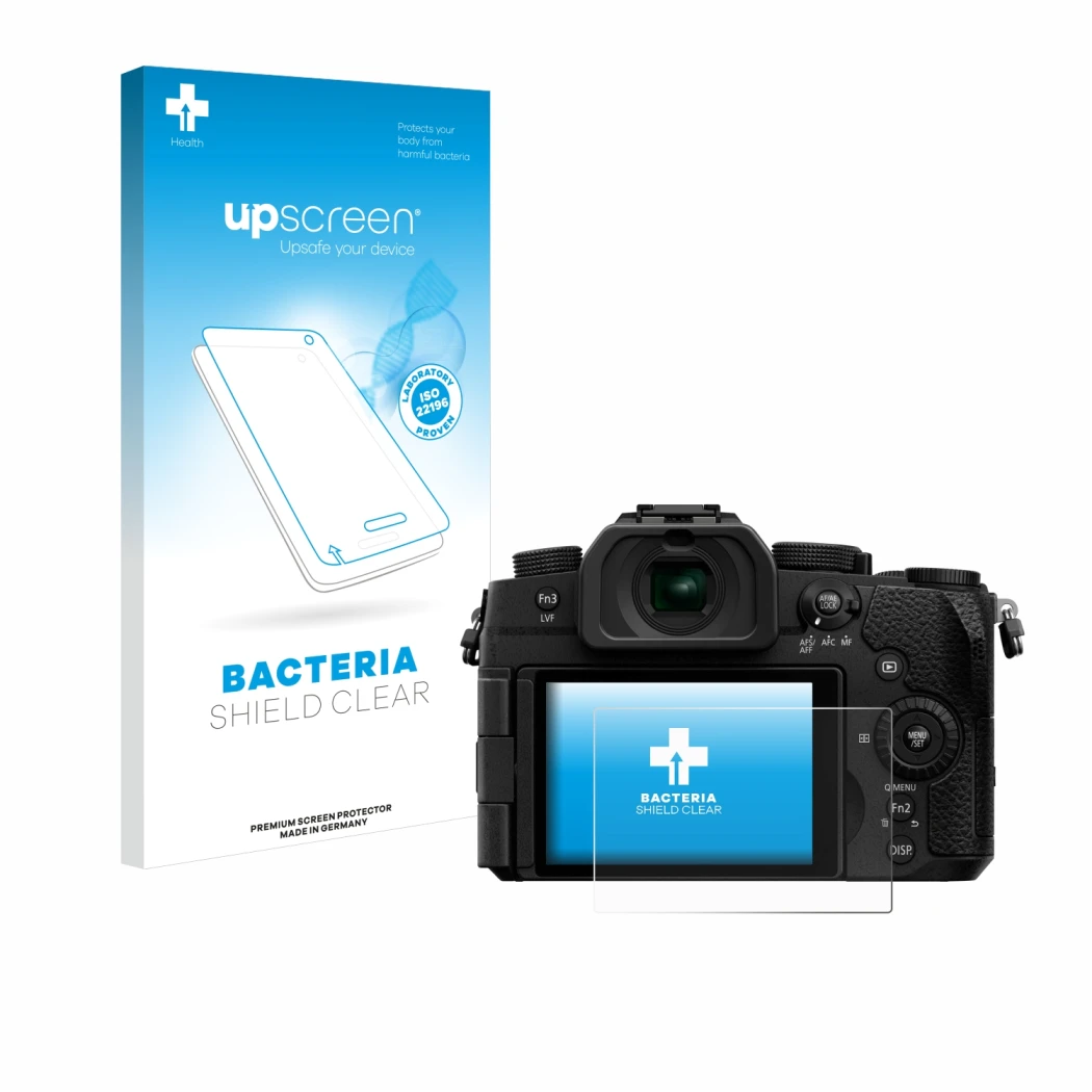 Face avant d’un emballage produit avec le logo de la marque upscreen. À côté, l’appareil Panasonic Lumix DC-G97 est représenté