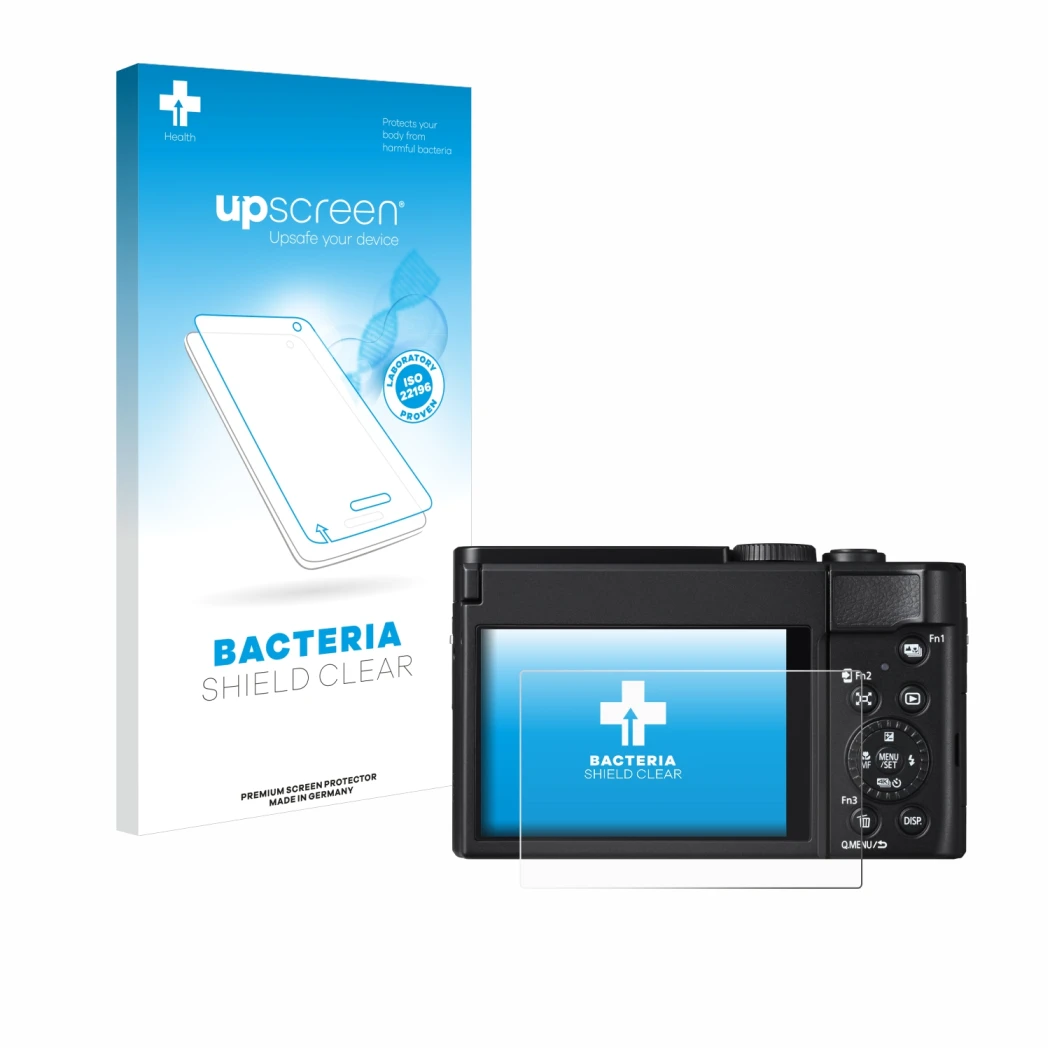 Face avant d’un emballage produit avec le logo de la marque upscreen. À côté, l’appareil Panasonic Lumix DC-TZ99 est représent