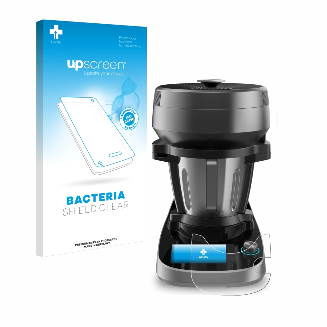 Face avant d’un emballage produit avec le logo de la marque upscreen. À côté, l’appareil Cecotec Mambo Victory XL est représen