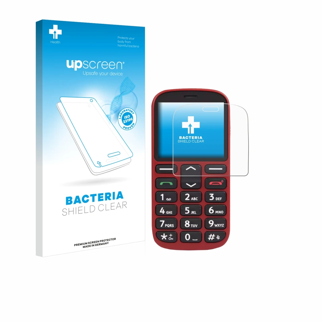 Face avant d’un emballage produit avec le logo de la marque upscreen. À côté, l’appareil Doro 1360 est représenté avec la prot