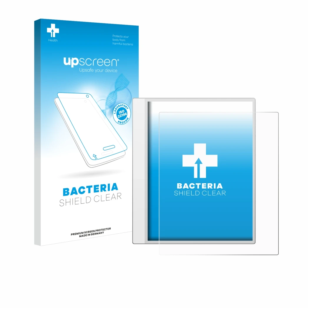 Face avant d’un emballage produit avec le logo de la marque upscreen. À côté, l’appareil Boox Note Max est représenté avec la 