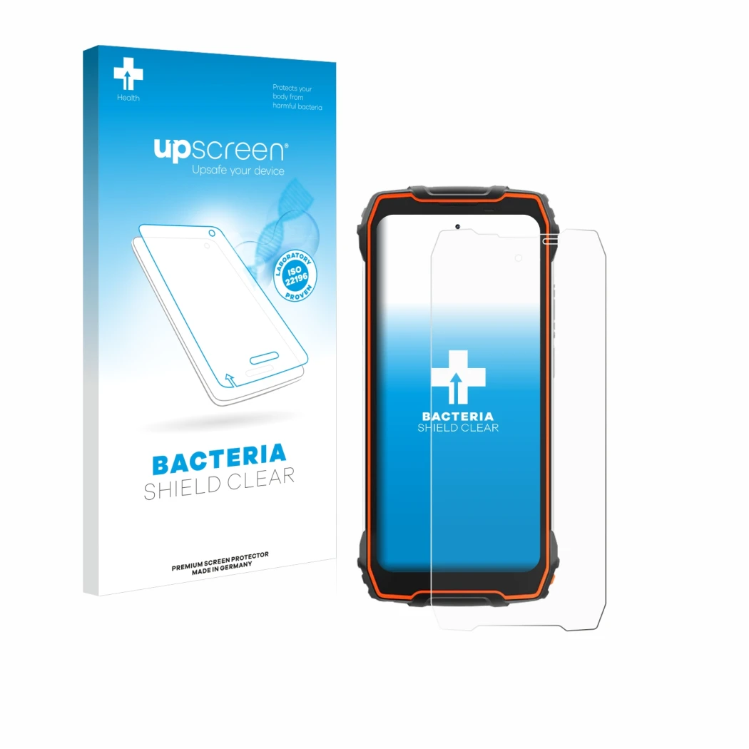 Face avant d’un emballage produit avec le logo de la marque upscreen. À côté, l’appareil Blackview Oscal Pilot 1 est représent