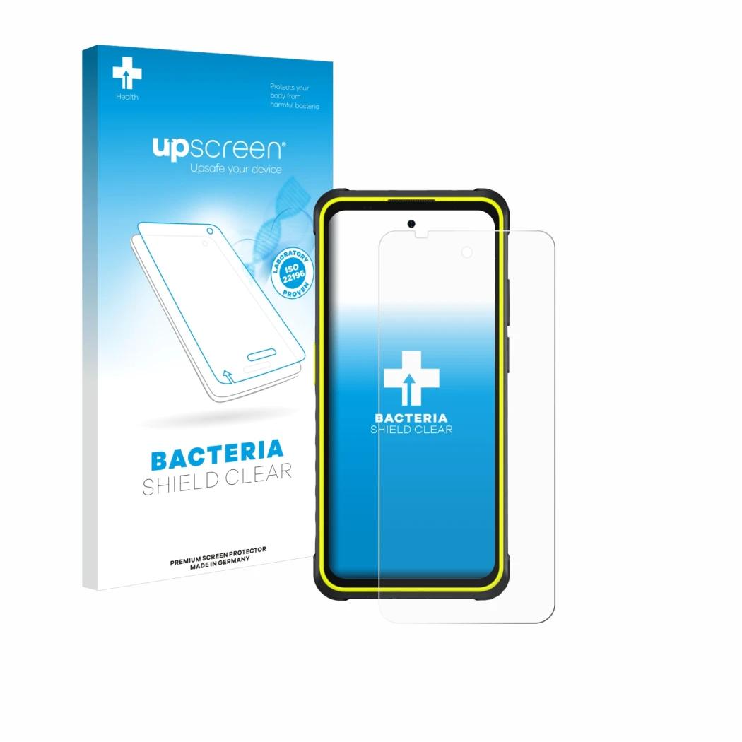 Face avant d’un emballage produit avec le logo de la marque upscreen. À côté, l’appareil Ulefone Armor X31 Pro 5G est représen