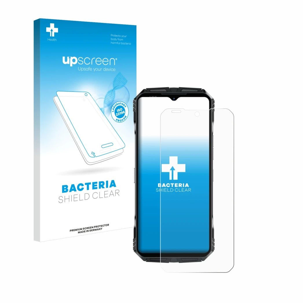 Face avant d’un emballage produit avec le logo de la marque upscreen. À côté, l’appareil Doogee S118 Pro est représenté avec l