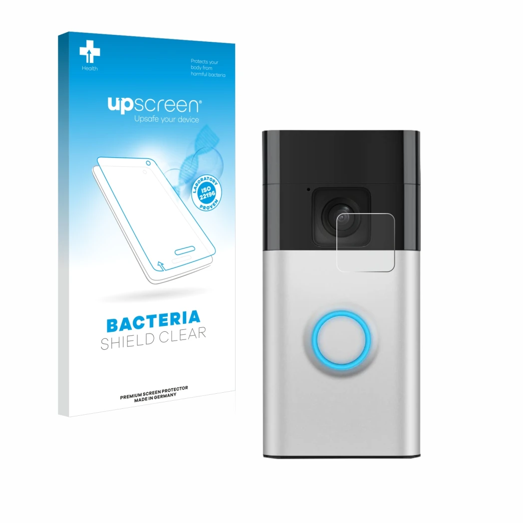 Face avant d’un emballage produit avec le logo de la marque upscreen. À côté, l’appareil Ring Battery Video Doorbell est repré