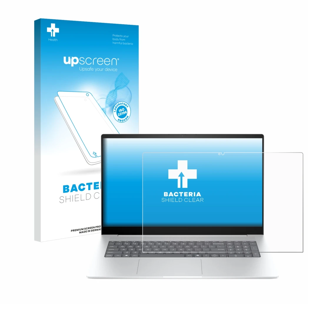 Face avant d’un emballage produit avec le logo de la marque upscreen. À côté, l’appareil HP Envy 17-da0777ng est représenté av