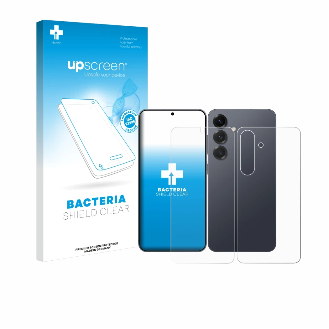 Face avant d’un emballage produit avec le logo de la marque upscreen. À côté, l’appareil Samsung Galaxy S25 (Avant+Arrière) es