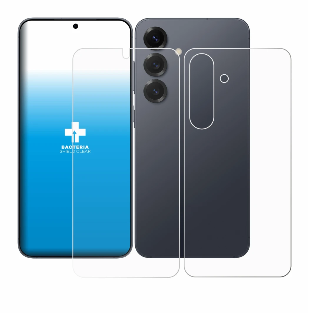 Image de l'appareil Samsung Galaxy S25 (Avant+Arrière) avec une grande variété de protections d'écran.