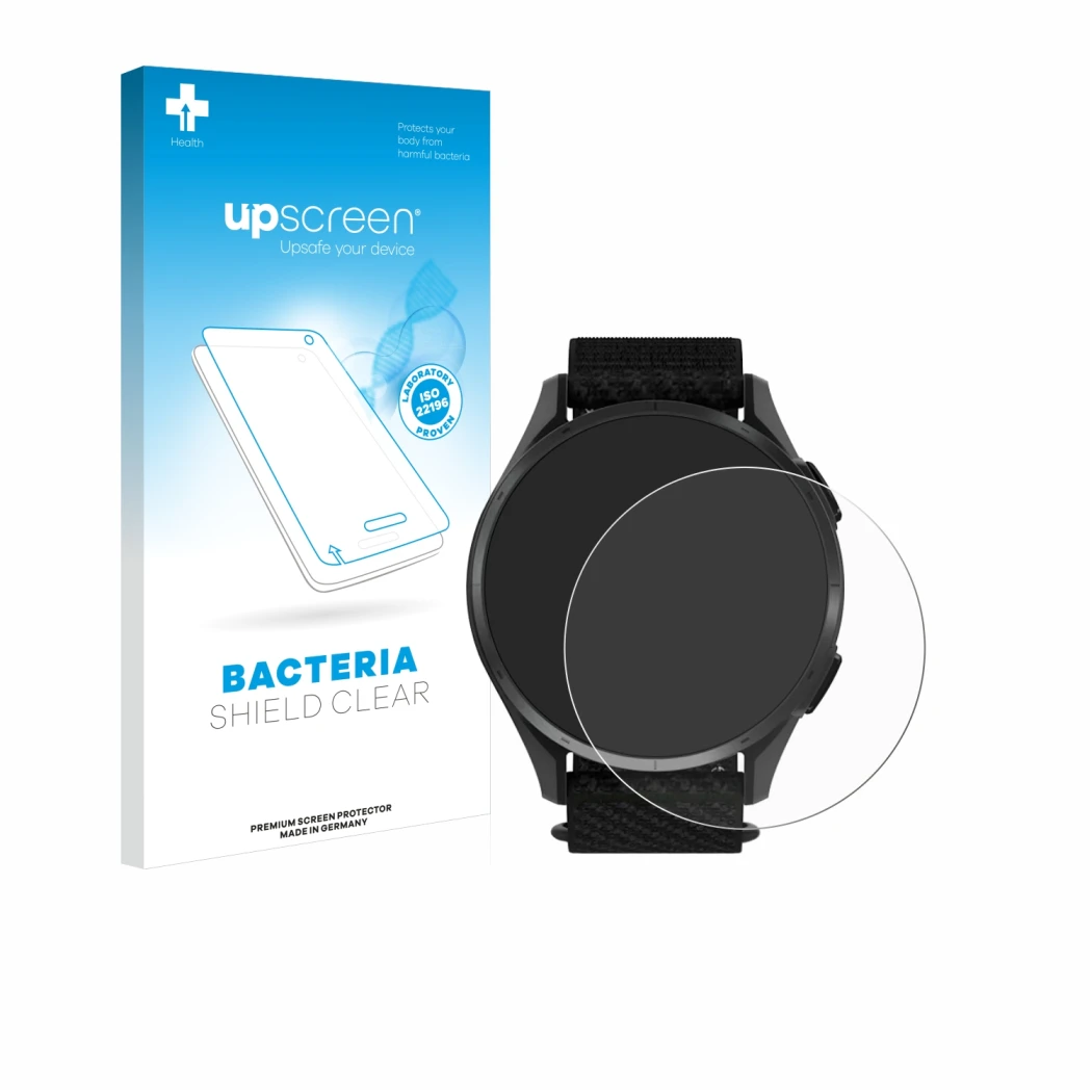 Face avant d’un emballage produit avec le logo de la marque upscreen. À côté, l’appareil Garmin Approach S50 est représenté av