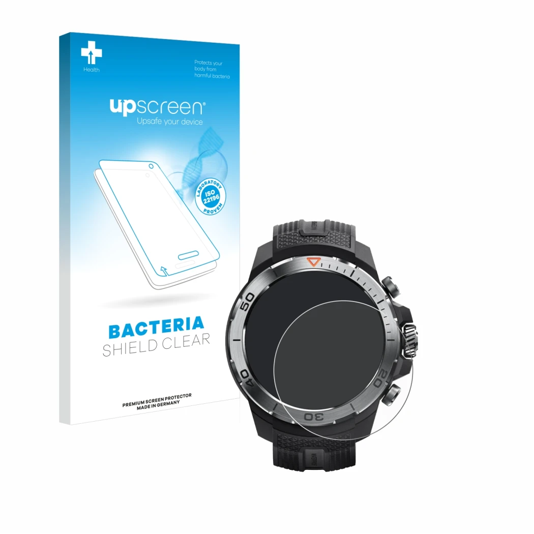 Face avant d’un emballage produit avec le logo de la marque upscreen. À côté, l’appareil Xiaomi Mibro GS Explorer est représen