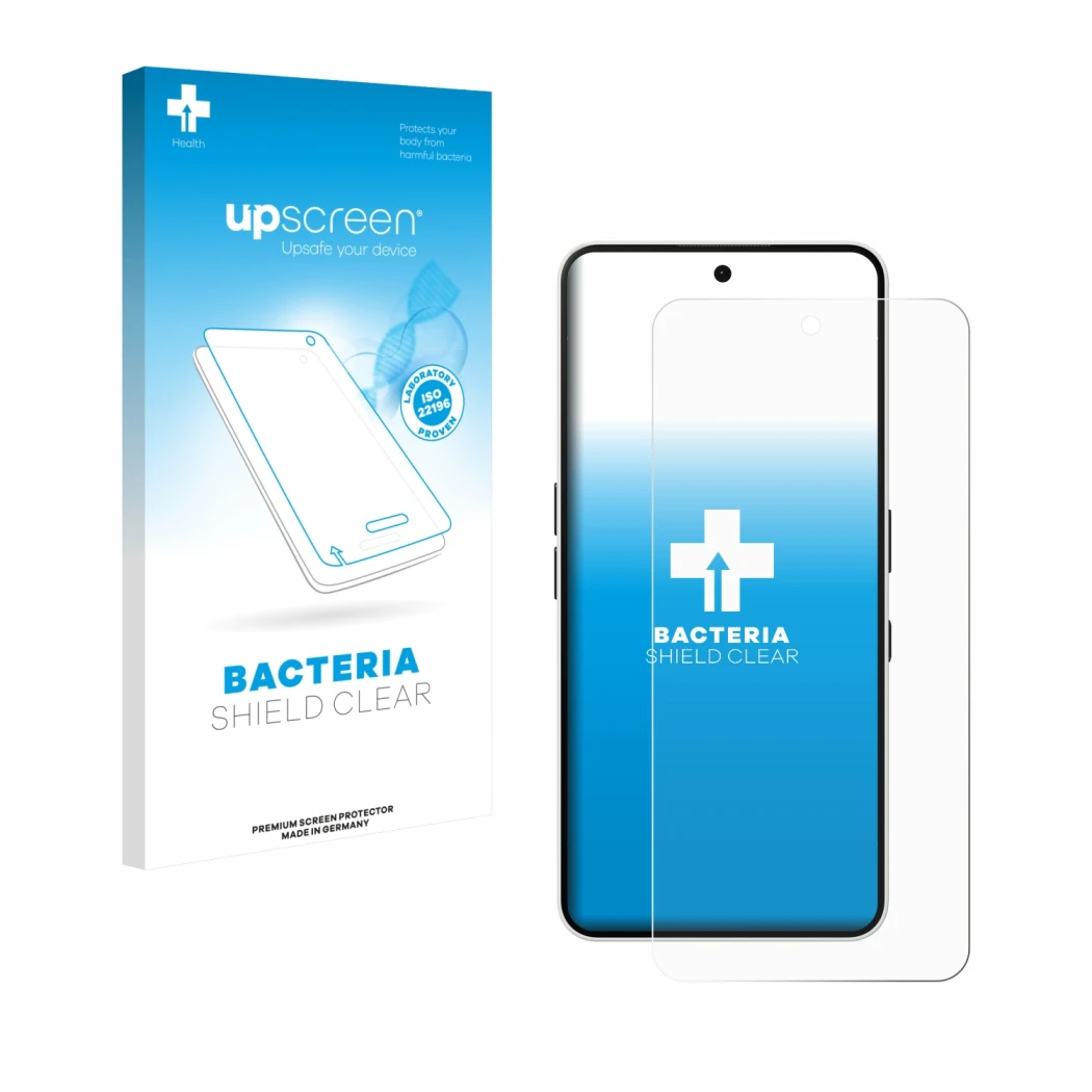Face avant d’un emballage produit avec le logo de la marque upscreen. À côté, l’appareil Nothing Phone (3a) est représenté ave