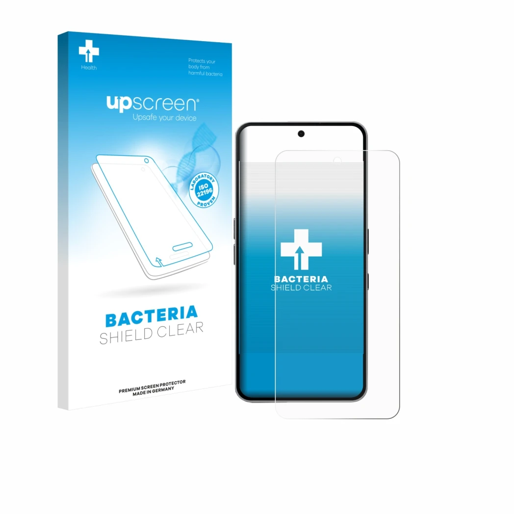 Face avant d’un emballage produit avec le logo de la marque upscreen. À côté, l’appareil Nothing Phone (3a) Pro est représenté