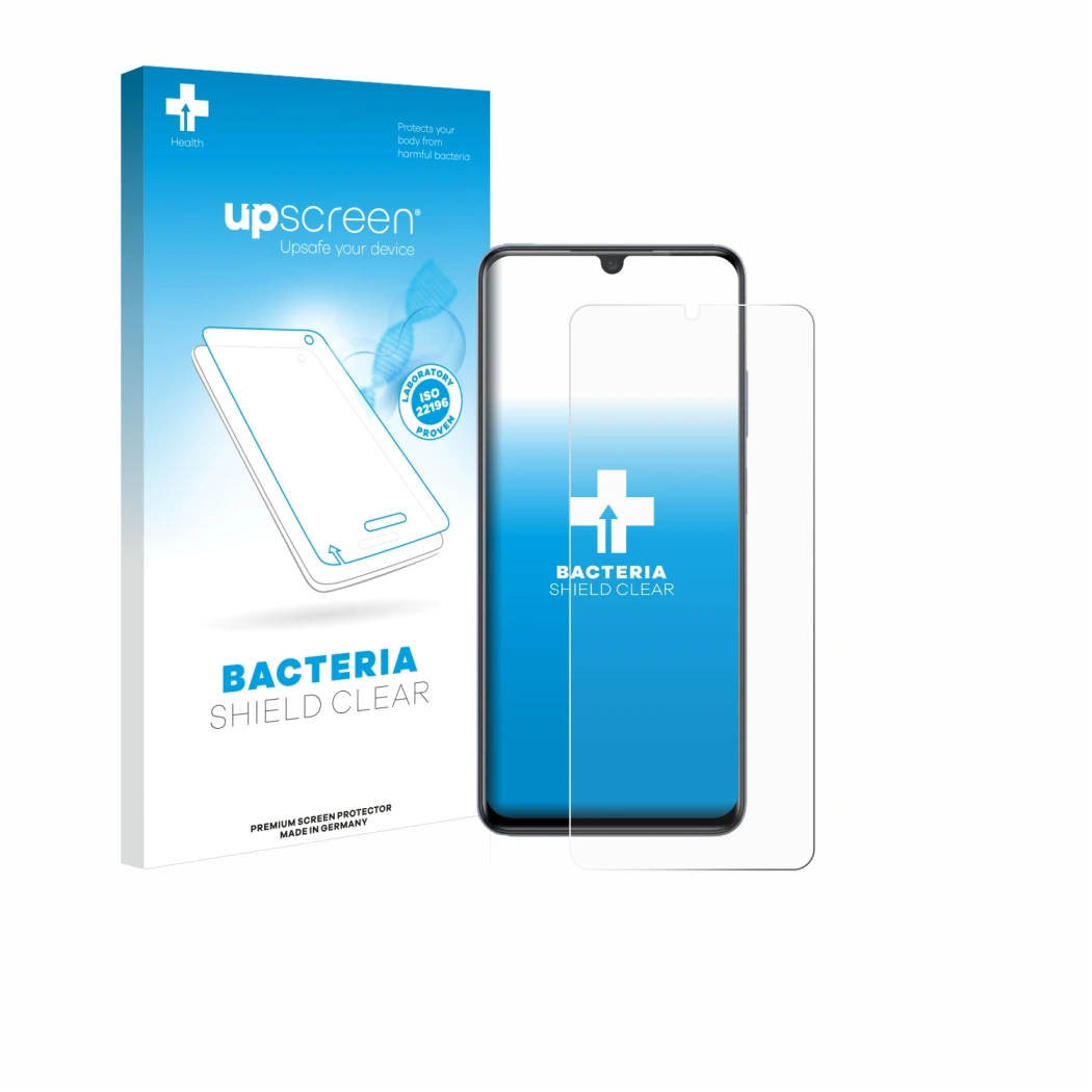 Face avant d’un emballage produit avec le logo de la marque upscreen. À côté, l’appareil ZTE Blade V70 Max est représenté avec