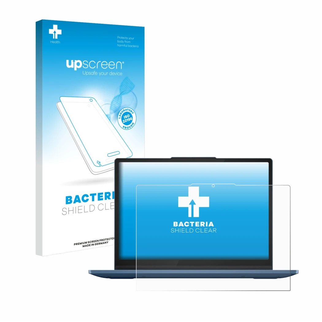 Face avant d’un emballage produit avec le logo de la marque upscreen. À côté, l’appareil Lenovo IdeaPad Flex 3i Chromebook 12