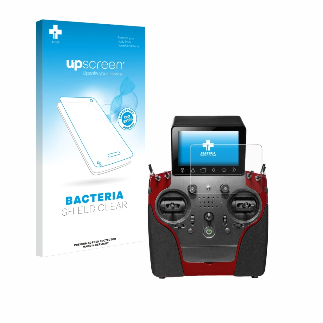 Face avant d’un emballage produit avec le logo de la marque upscreen. À côté, l’appareil PowerBox Systems Atom est représenté